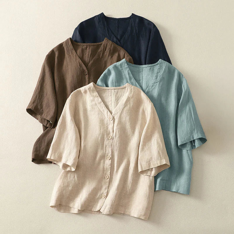 Buddha Stones Summer Solid Color V-Neck Buttons Simple Design Women's Short Sleeve Shirt