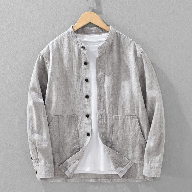 Buddha Stones Fall Plain Long Sleeve Buttons Design Men's Ramie Linen Cotton Shirts With Pocket