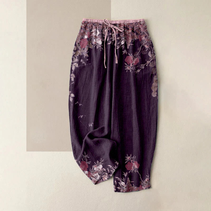 Buddha Stones Cotton Casual Red Peony Flower Vine Design Women's Elastic Waist Pants With Pockets