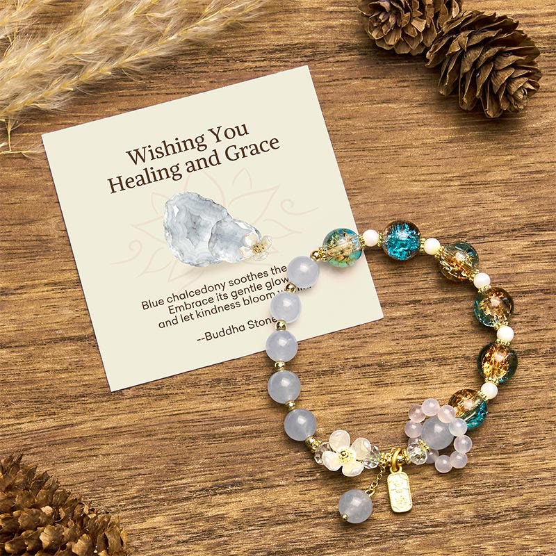 Buddha Stones Wishing You Healing and Grace Blue Chalcedony Bracelet Includes Gift Message Card