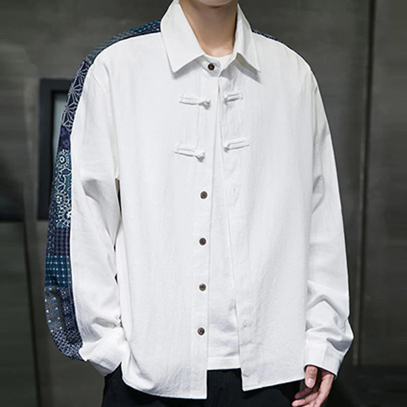Buddha Stones Men's Flower Pattern Stitching Cotton Blend Long Sleeve Shirt