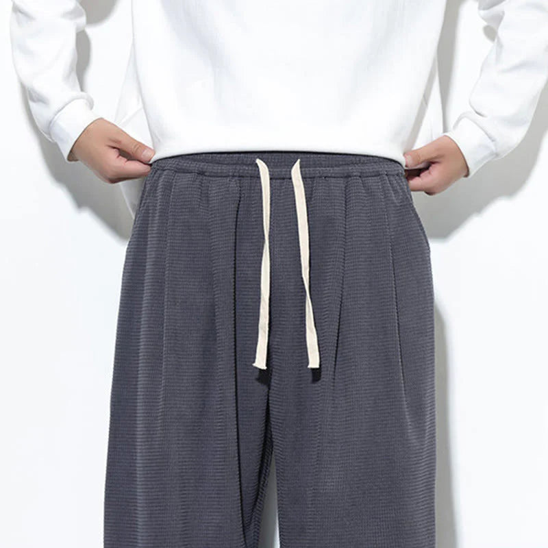 Buddha Stones Fall Plain Drawstring Simple Design Men's Harem Cotton Corduroy Pants With Pockets