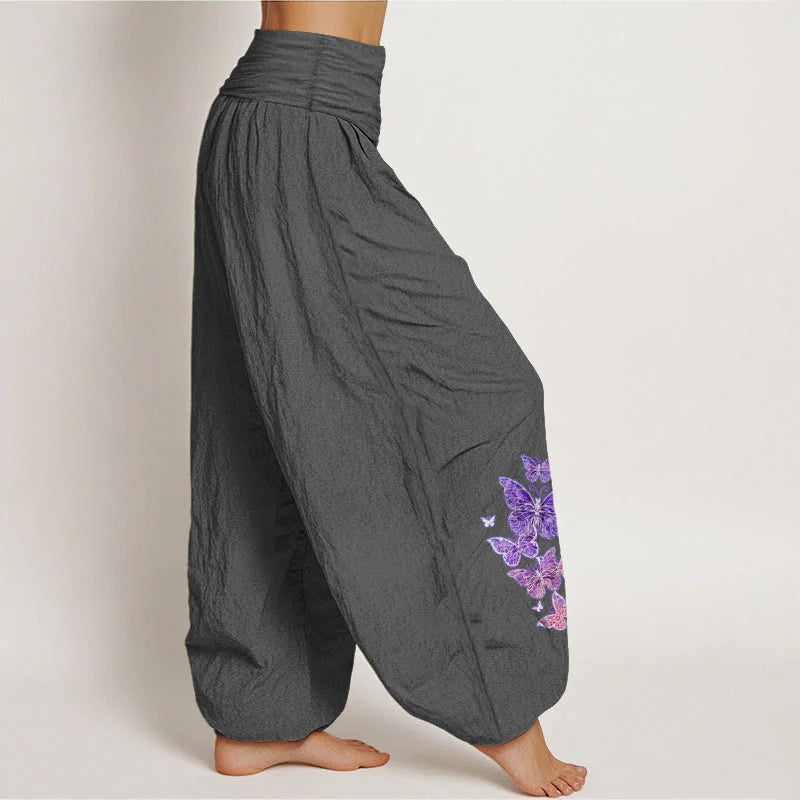 Buddha Stones Pure Cotton Pastel Butterfly Pattern Women's Elastic Waist Harem Pants