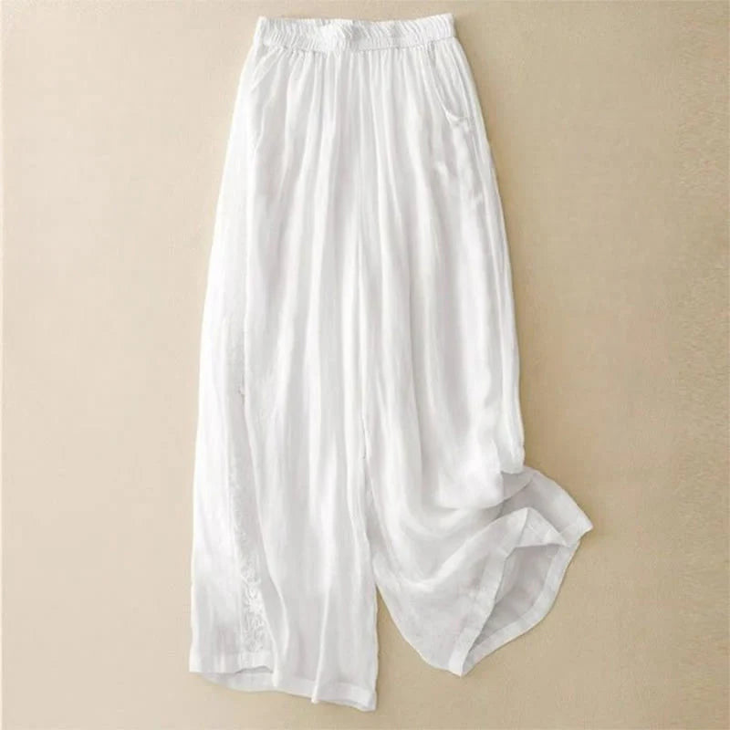 Buddha Stones Side Embroidery Design Women's 7-8 Length Wide Leg Pants With Pockets