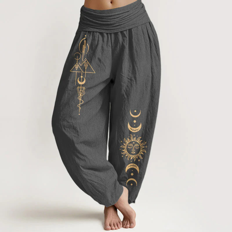 Buddha Stones Pure Cotton Concise Sun Moon Geometric Pattern Women's Elastic Waist Harem Pants