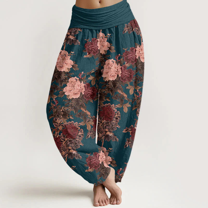 Buddha Stones Cotton Casual Lush Peony Flowers Leaf Pattern Women's Elastic Waist Harem Pants