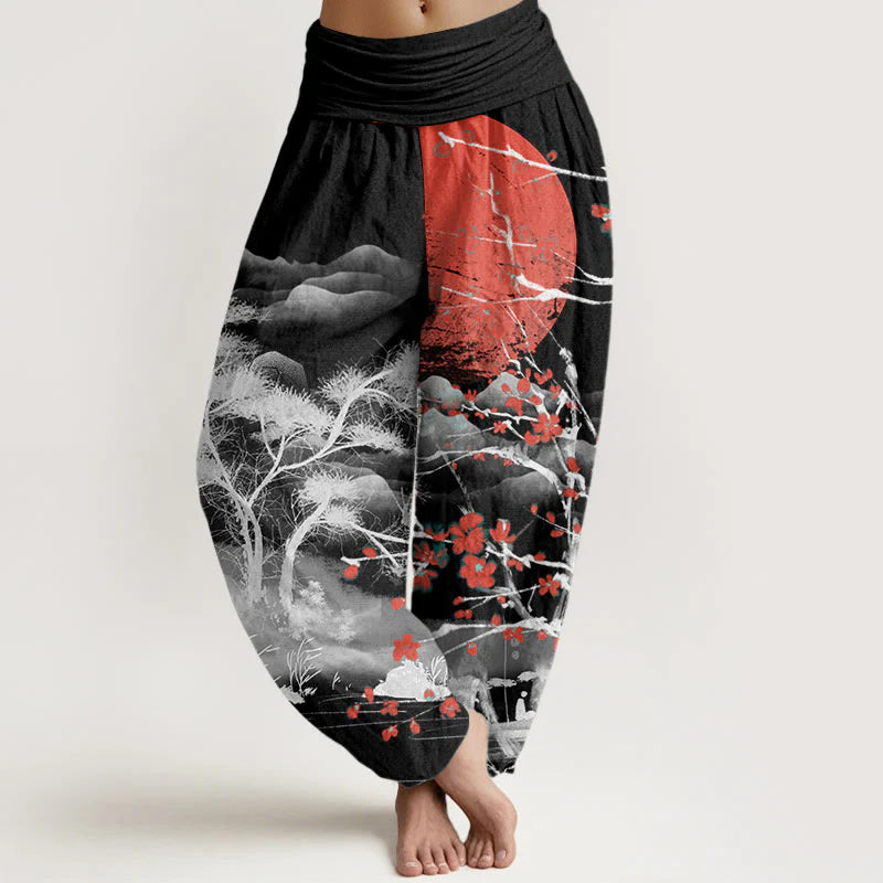 Buddha Stones Cotton Casual Red Plum Blossom Mountains Sun Pattern Women's Elastic Waist Harem Pants