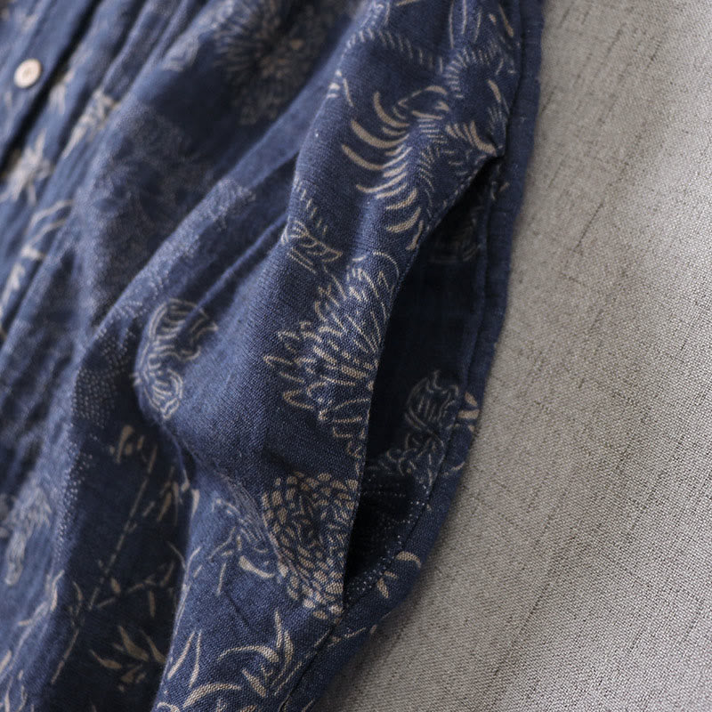 Buddha Stones Commute Bamboo Floral Pattern Long Sleeve Buttons Women's Cotton Midi Dress With Pockets