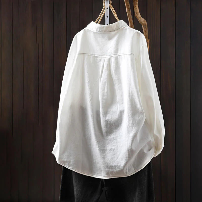 Buddha Stones Fall Buttons Down Pocket Decor Design Women's Stand Collar Long Sleeve Cotton Shirt