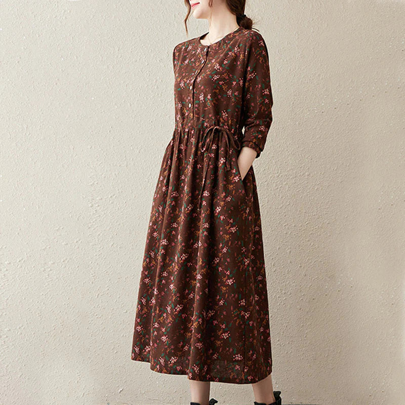 Buddha Stones Ethnic Printing Floral Long Sleeve Buttons Design Cotton Linen Midi Dress With Pockets