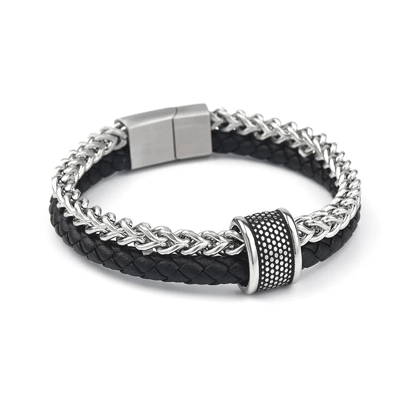 Buddha Stones Leather Double Layer Titanium Steel Balance Magnetic Buckle Bracelet