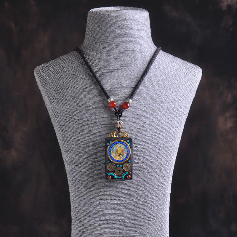 Buddha Stones Thangka Yin Yang Copper Coins Ebony Wood Zakiram Balance Pendant Necklace
