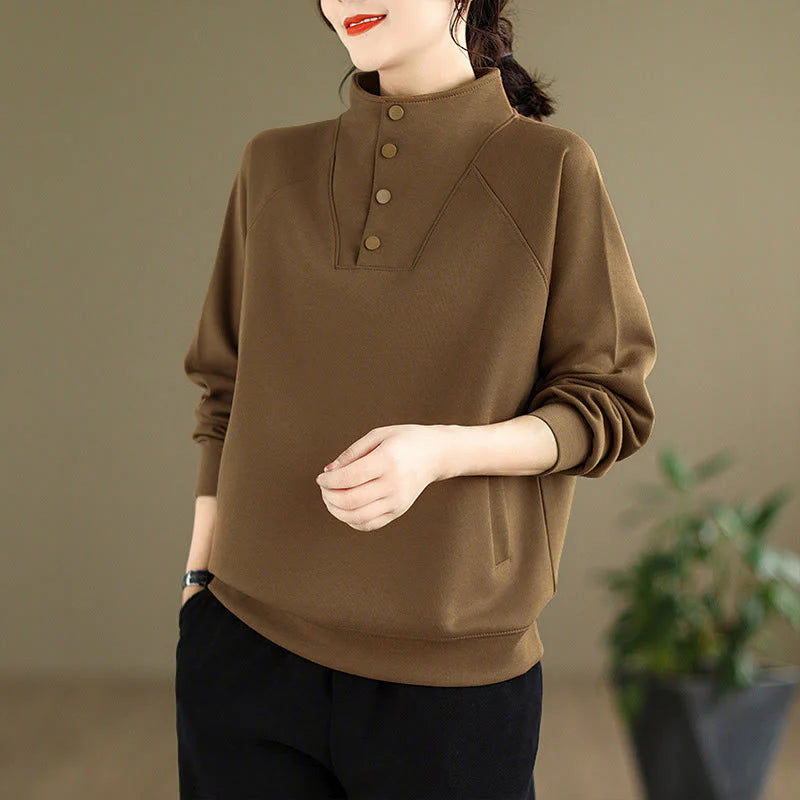 Buddha Stones Fall Solid Stand Collar Buttons Design Long Sleeve Women's Cotton Sweatshirt