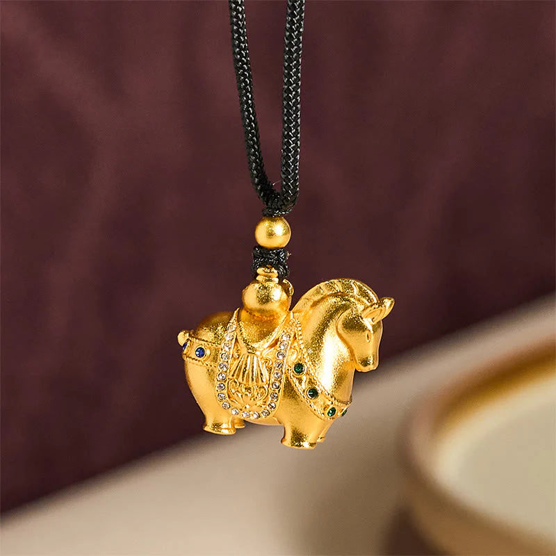 Buddha Stones Year Of The Horse 24k Gold Plated Brass Rope Cord Necklace Pendant