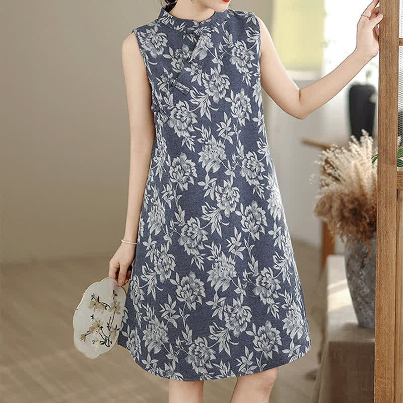 Buddha Stones Frog-button Mandarin Collar Floral Pattern Sleeveless Cotton Mini Dress With Pockets