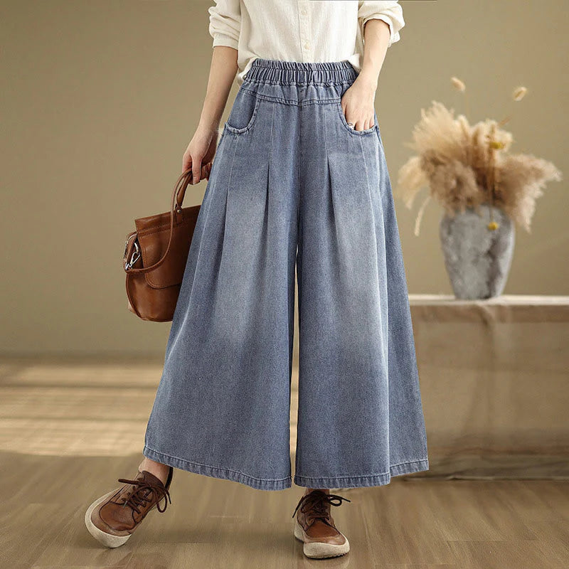 Buddha Stones Fall Vintage Distressed Design High Waist Women's Wide Leg Pants With Pockets
