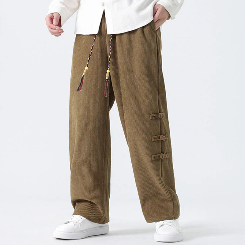 Buddha Stones Plain Chinese Frog-Button Design Drawstring Men's Corduroy Pants With Pockets