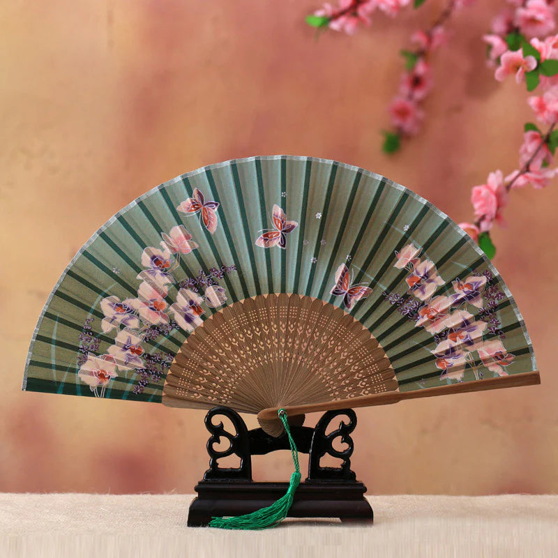 Buddha Stones Cherry Blossom Lily Butterfly Bamboo Handheld Bamboo Folding Fan 21cm