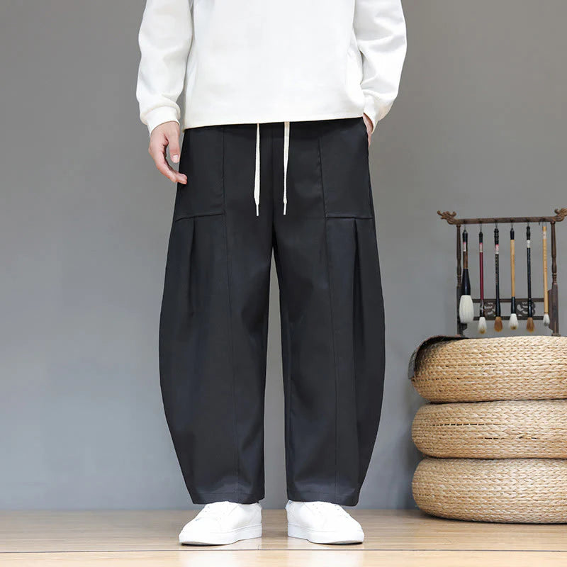 Buddha Stones Fall Pure Color Cotton Men's Cropped Harem Pants With Pockets