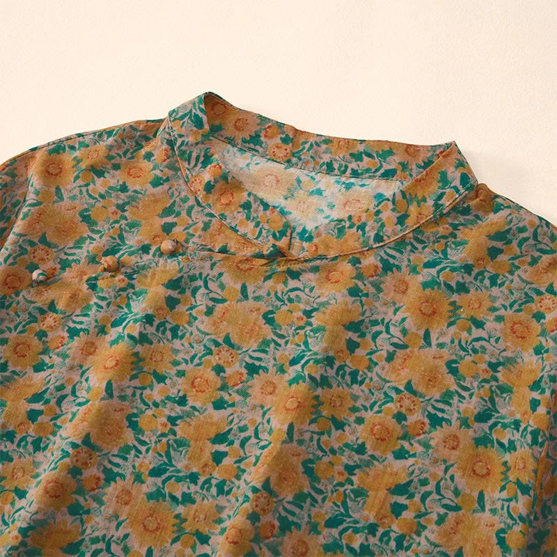 Buddha Stones Summer  Frog-Button Stand Collar Short Sleeve Flower Pattern Women's Cotton Shirt