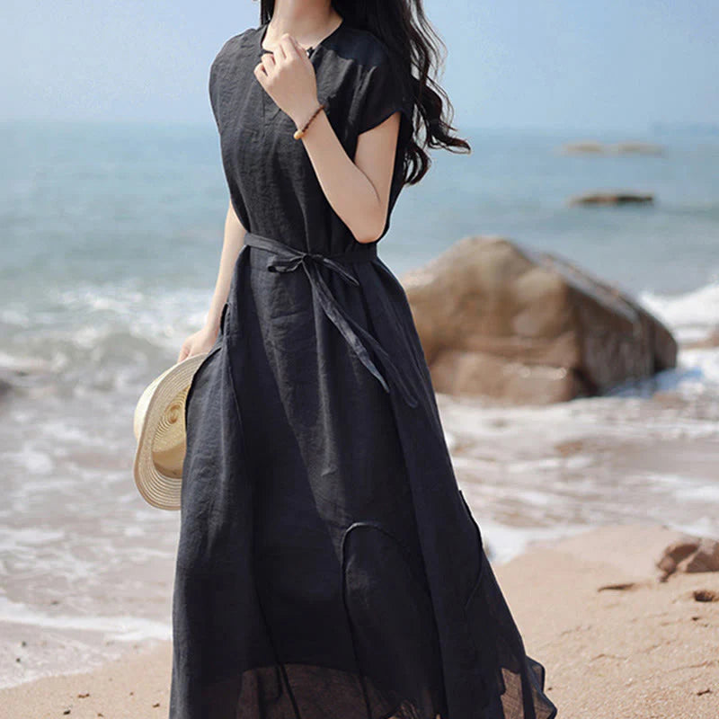 Buddha Stones Plain Irregular Hem Short Sleeve Cotton Linen Maxi Dress