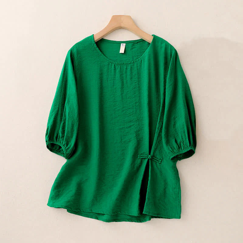 Buddha Stones Solid Color Frog-Button Design Puff Short Sleeve Women's T-Shirt