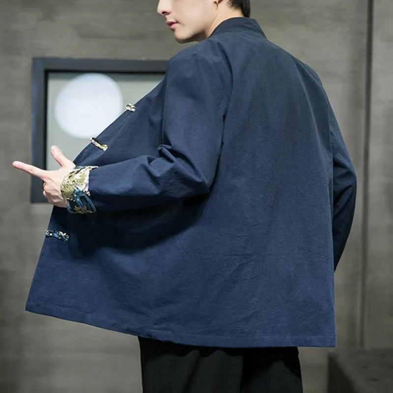 Buddha Stones Printed Color Contrast Dragon Pattern Frog-button Long Sleeve Men's Cotton Jacket