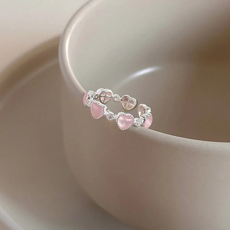 Buddha Stones 925 Sterling Silver Pink Cat's Eye Heart Design Adjustable Love Ring