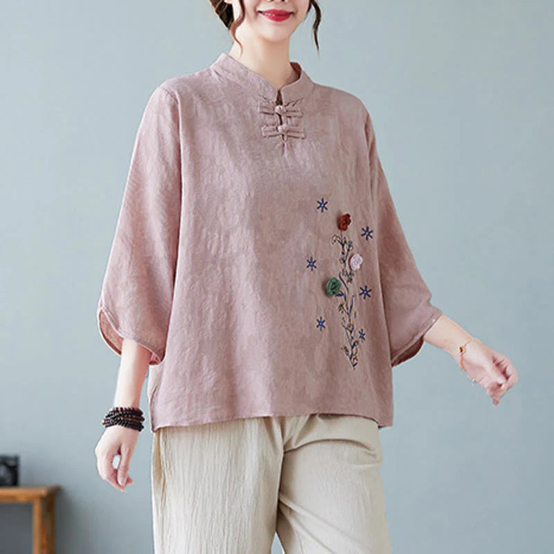 Buddha Stones Vintage Summer Stereoscopic Flower Embroidery Three Quarter Sleeve Frog-Button Cotton Linen Women's Shirt