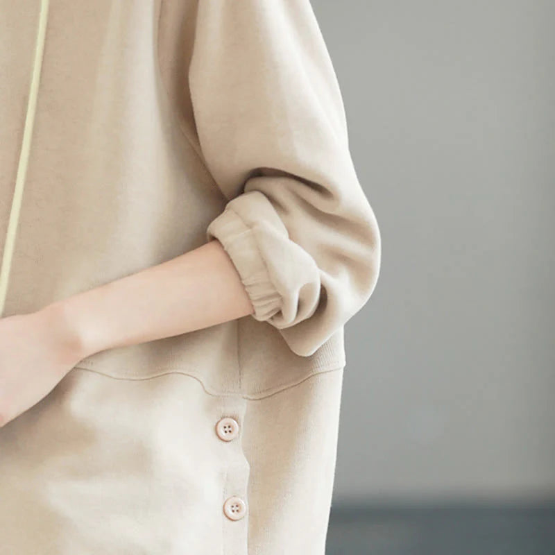 Buddha Stones Fall Solid Color Side Buttons Cotton Long Sleeve Women's Hoodie