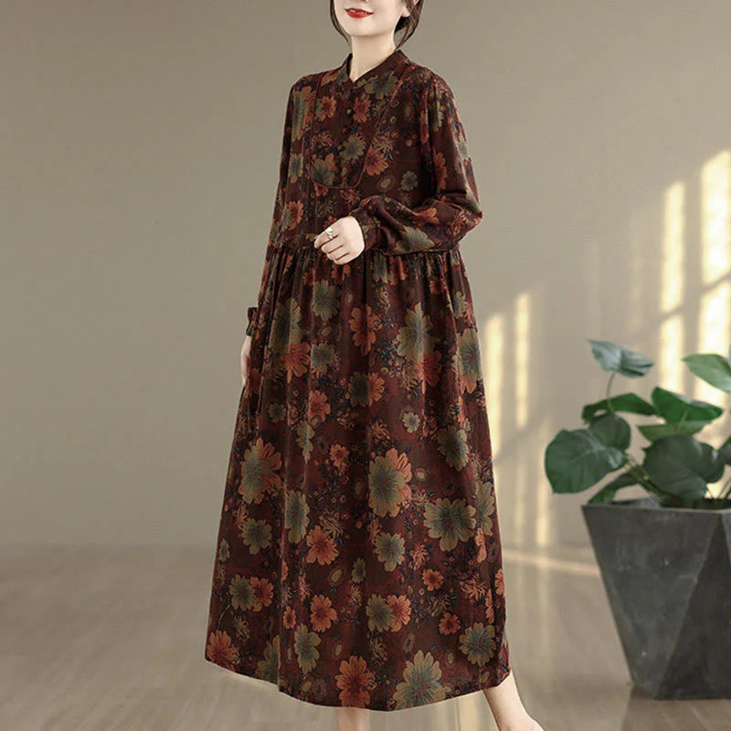 Buddha Stones Flower Pattern Long Sleeve Cotton Midi Dress With Pockets