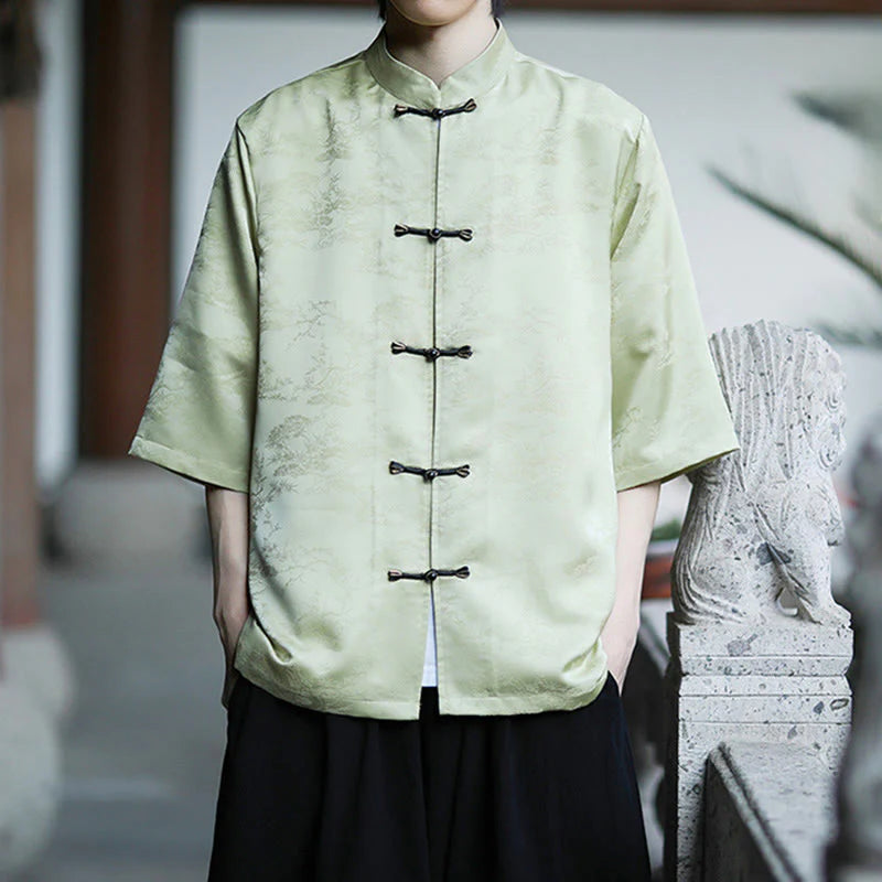 Buddha Stones Summer Pine Tree Mountain Pattern Half Sleeve Frog-Button Design Men's Shirt