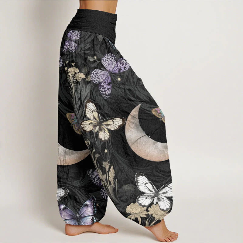 Buddha Stones Cotton Butterfly Flowers Crescent Moon Pattern Design Women's Elastic Waist Harem Pants