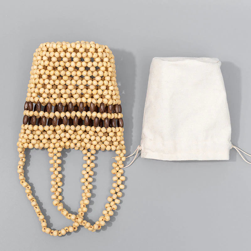 Buddha Stones Hand-woven Bucket Portable Wooden Beads Handbag