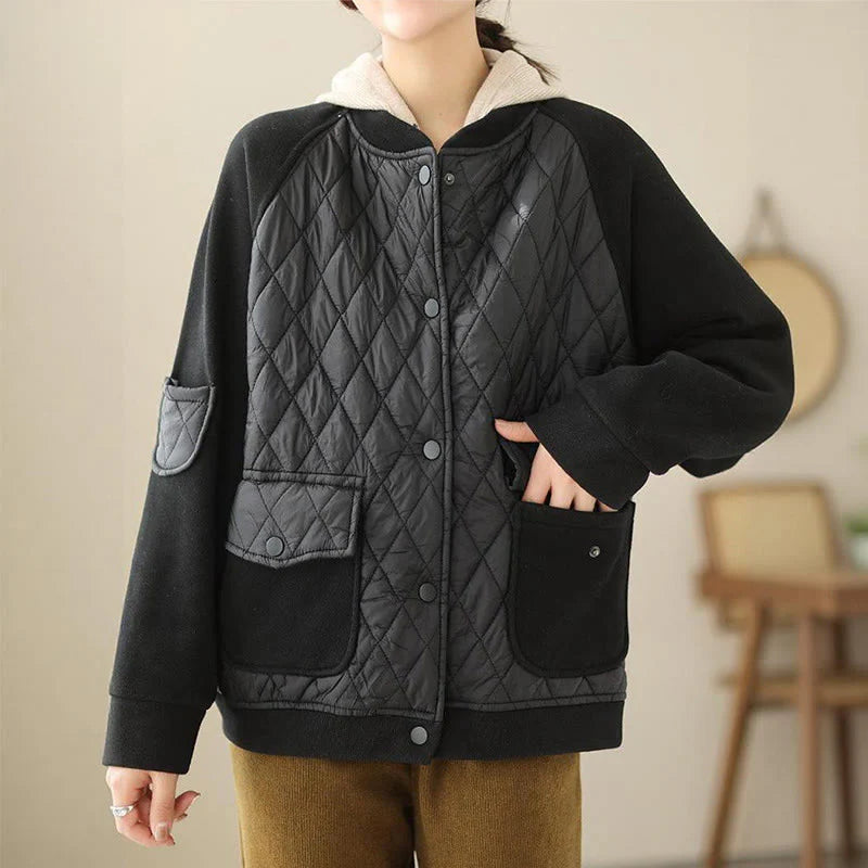 Buddha Stones Diamond Pattern Women's Long Sleeve Thickened Jacket With Pockets