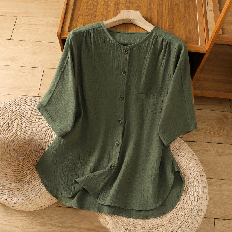 Buddha Stones Casual Plain Buttons Half Sleeve Women's Cotton Linen Shirt With Pocket