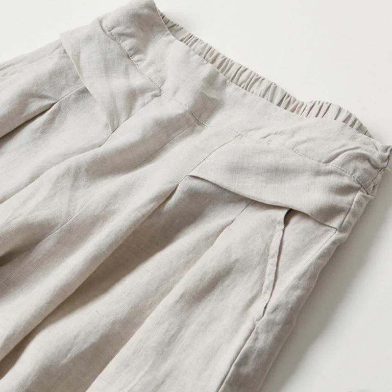 Buddha Stones Plain Color Cotton Linen High Waist Wide Leg Pants With Pockets