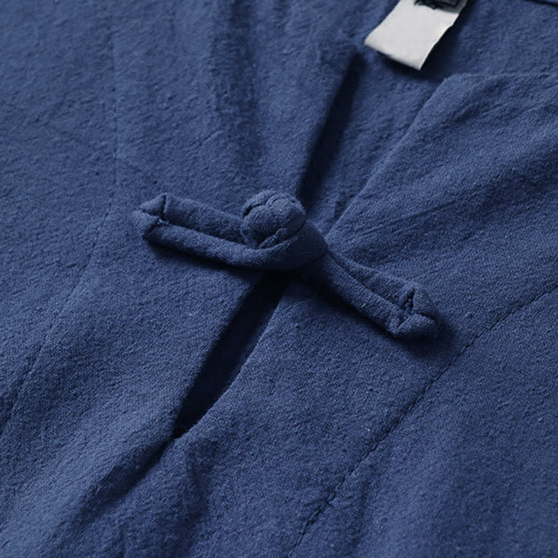 Buddha Stones Solid Color Frog-Button Short Sleeve Notched Collar Men's Cotton Linen T-Shirt