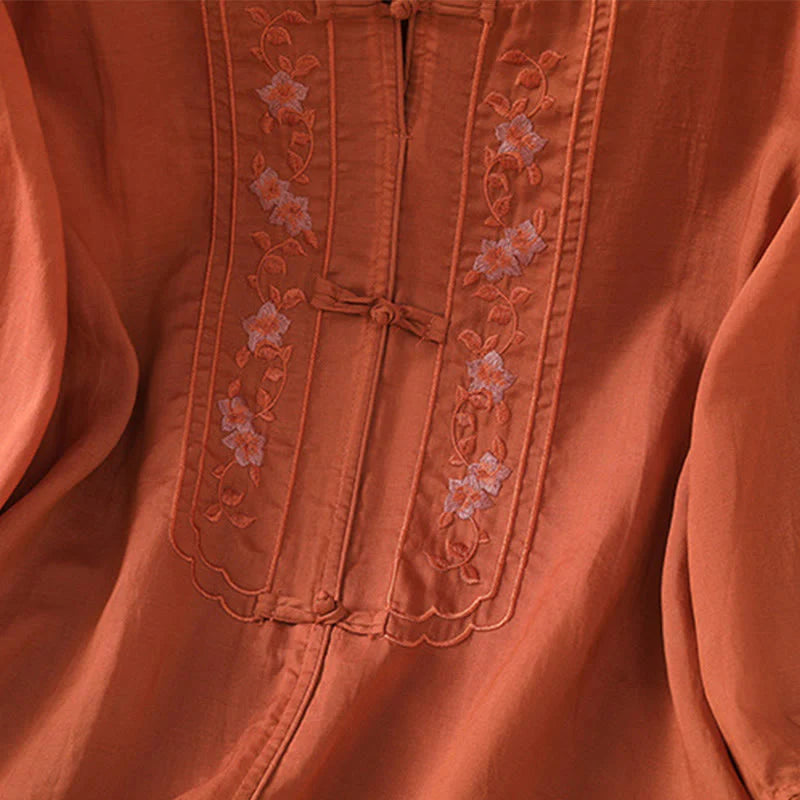 Buddha Stones Frog-button Stand Collar Embroidered Flower Elastic Cuff Three Quarter Sleeve Women's Shirt