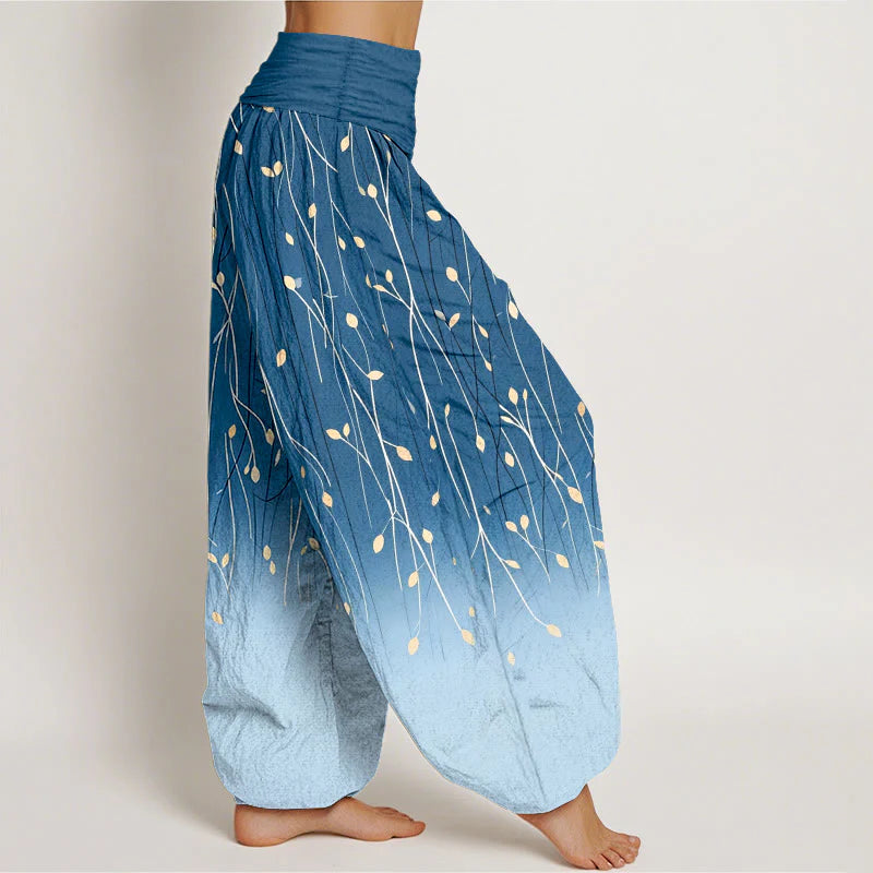 Buddha Stones Branches Leaves Pattern Gradient Women's Elastic Waist Pure Cotton Harem Pants
