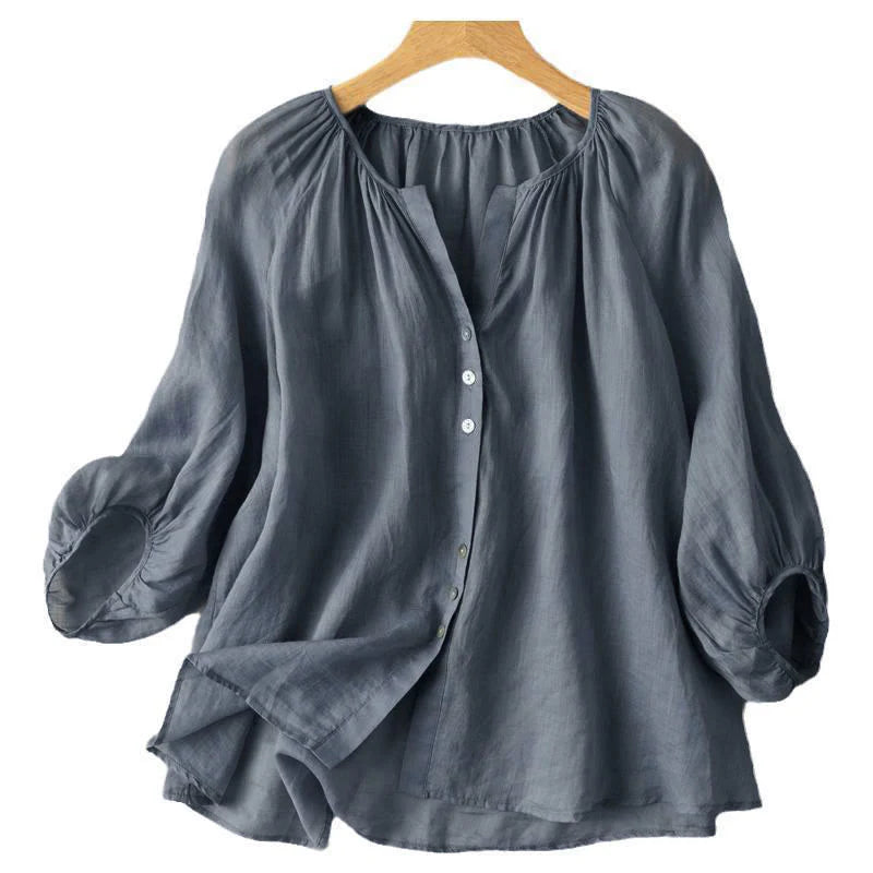 Buddha Stones Vintage Button Three Quarter Puff Sleeve V-Neck Women's Shirt