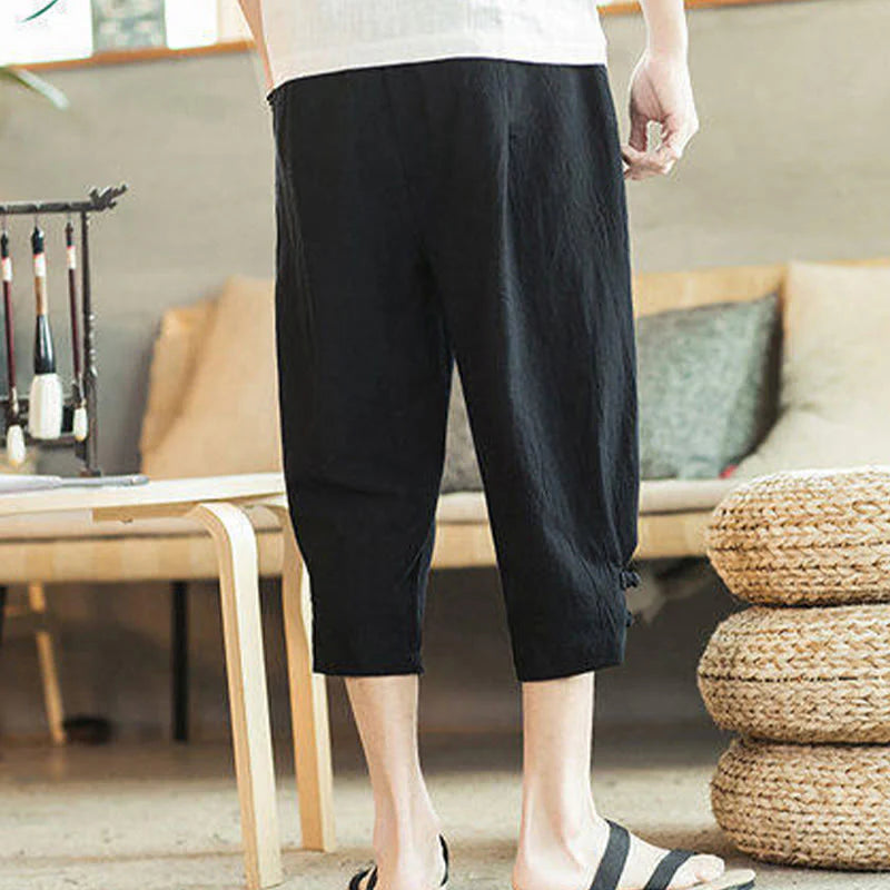 Buddha Stones Crane Embroidery Cotton Men's Cropped Harem Pants With Pockets