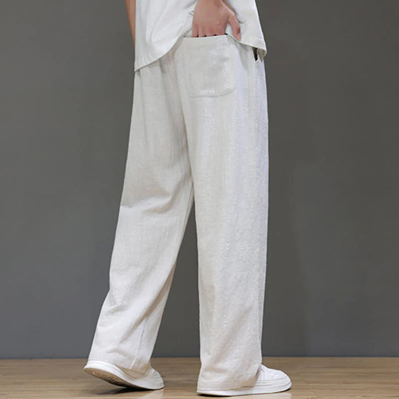 Buddha Stones Summer Men's Cotton Linen Straight Leg Pants With Pockets