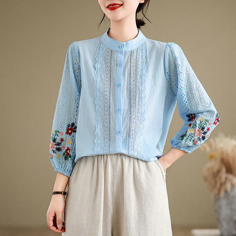 Buddha Stones Fall Lace Embroidery Flower Leaf Pattern Stand Collar Buttons Women's Long Sleeve Shirt