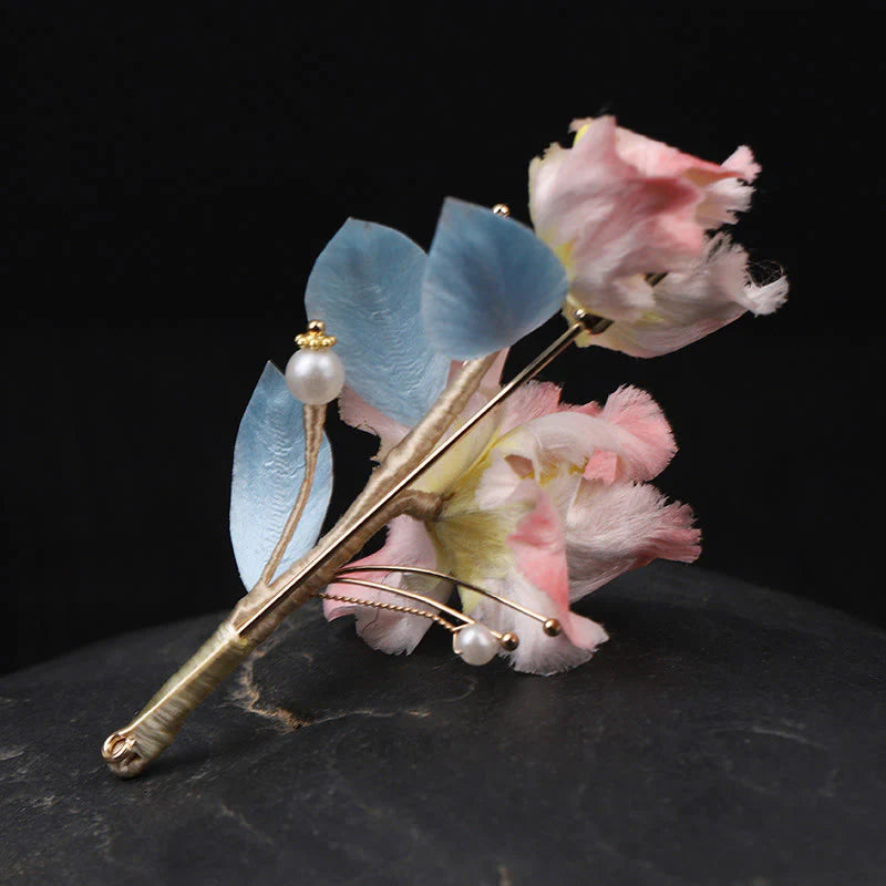 Buddha Stones Handcrafted Silk Art Pink Iris Flower Protection Brooch