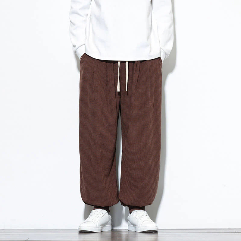 Buddha Stones Fall Plain Drawstring Simple Design Men's Harem Cotton Corduroy Pants With Pockets