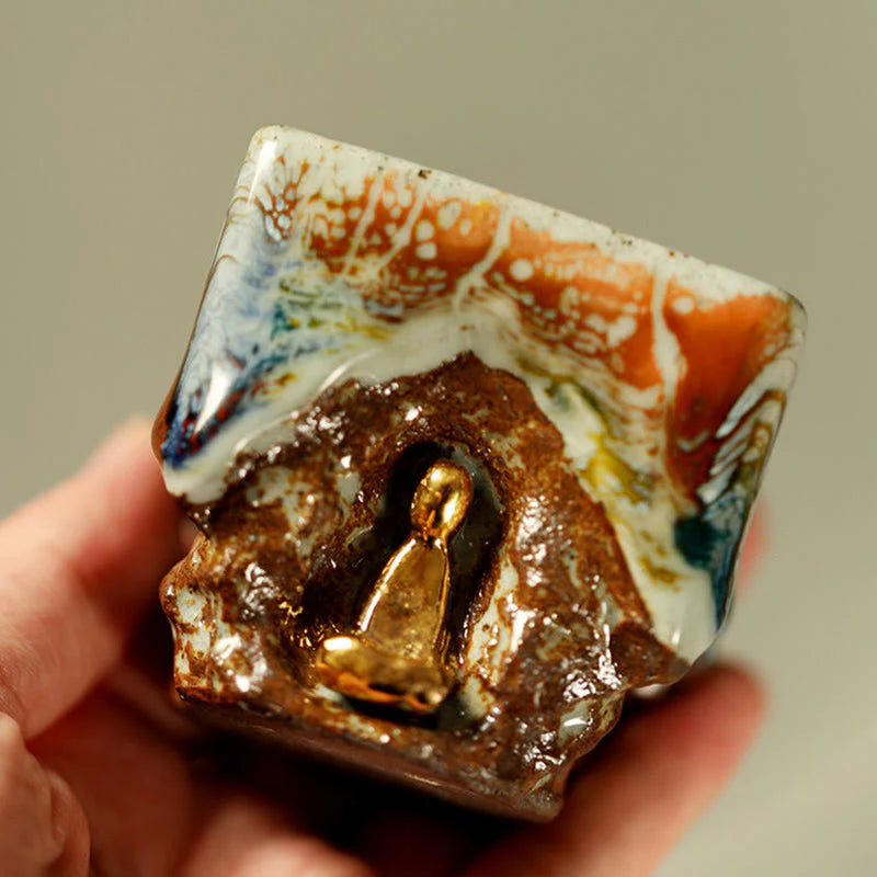 Buddha Stones Hand-painted Dunhuang Meditating Buddha Shino Ceramic Teacup Kung Fu Tea Cup