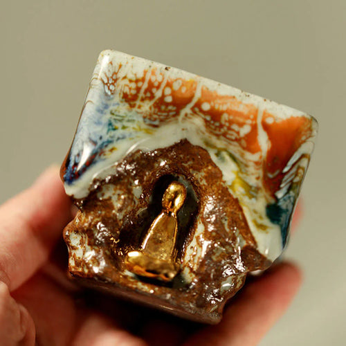 Buddha Stones Hand-painted Dunhuang Meditating Buddha Shino Ceramic Teacup Kung Fu Tea Cup