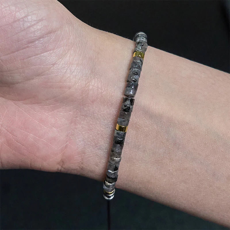 Buddha Stones Natural Black Glitter Stone Courage Spacer Bead Bracelet