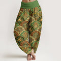 Buddha Stones Cotton Repetitive Fan Shape Flowers Leaves Pattern Women's Elastic Waist Harem Pants